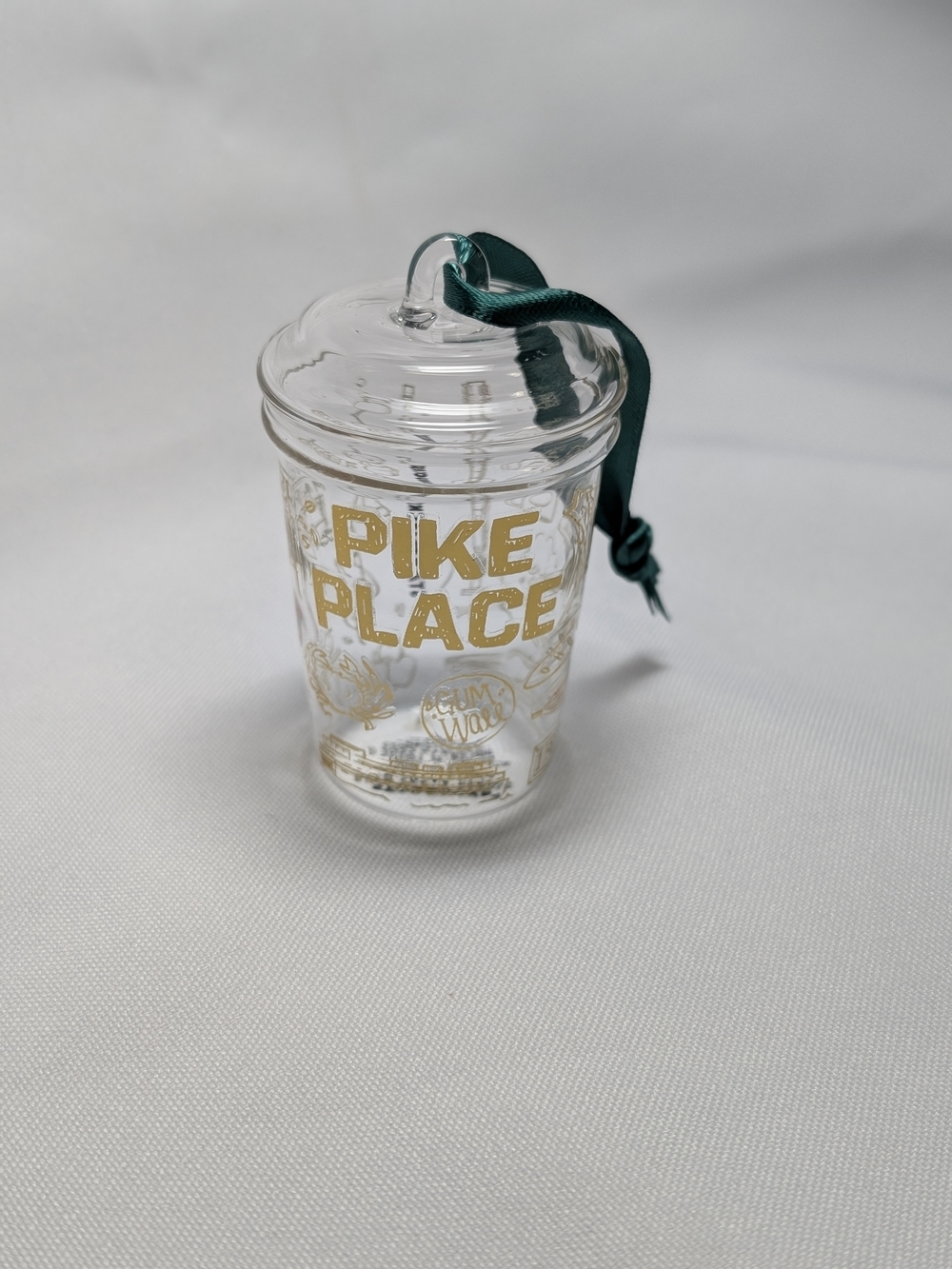 Starbucks Pike Place Clear Ornament with Gold Lettering and Green Ribbon